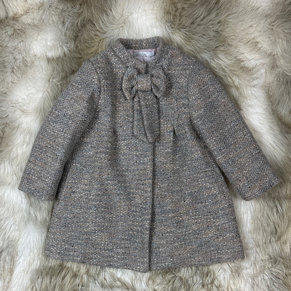 Patachou Wool Coat Girls Size 5 Gray Metallic Bow Dress Coat Portugal